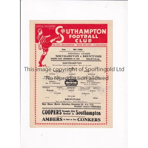 884 - SOUTHAMPTON       Single sheet programme for the home Football League South match v Brentford 26/12/... 