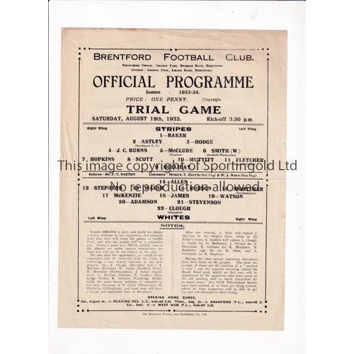 885 - BRENTFORD     Single sheet programme for the Trial Game, Stripes v Whites 19/8/1933, slightly crease... 