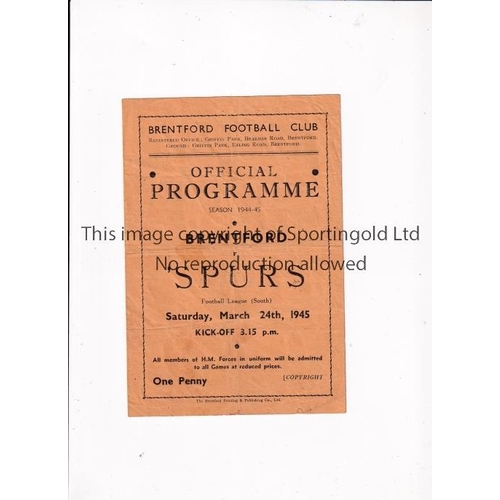 890 - TOTTENHAM HOTSPUR      Programme for the away FL South match v  Brentford 24/3/1945, creased and tea... 