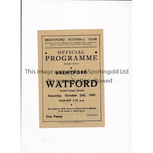 894 - BRENTFORD     Programme for the home Football League South match v Watford 2/10/1943, very slight ho... 