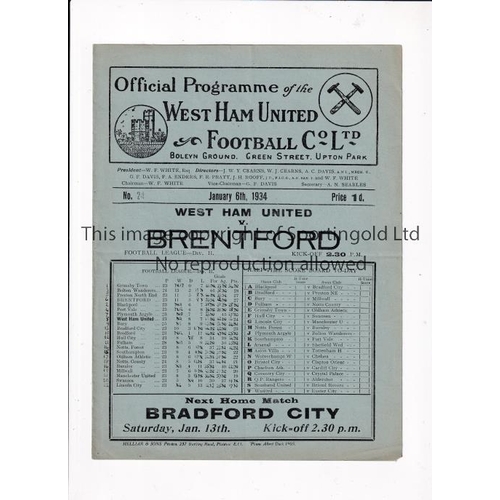 896 - WEST HAM UNITED      Programme for the home League match v Brentford 6/1/1934, very slightly creased... 