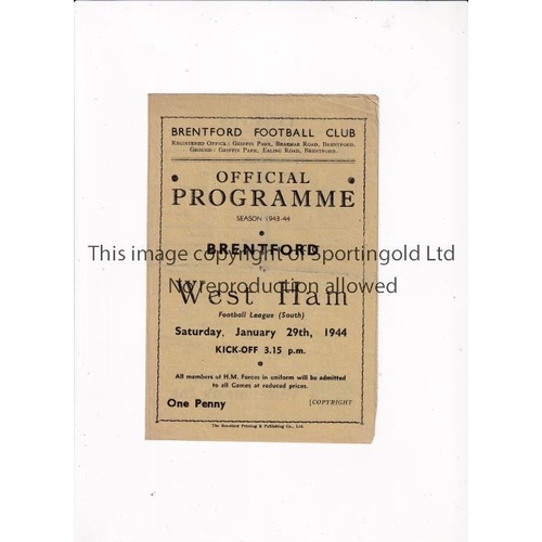 897 - BRENTFORD     Programme for the home FL South match v West Ham United 29/1/1944, slight horizontal c... 