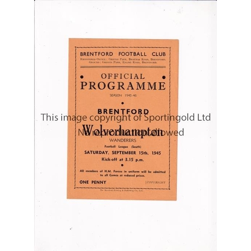 899 - BRENTFORD    Programme for the home FL South match v Wolves 15/9/1945.    Very good