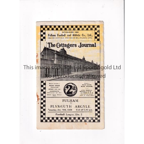 900 - FULHAM V PLYMOUTH ARGYLE 1936      Programme for the League match at Fulham 18/1/1936, slightly stai... 