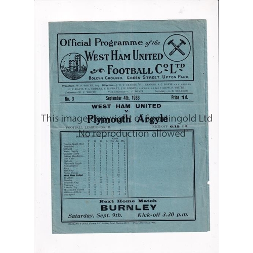 901 - WEST HAM UNITED V PLYMOUTH ARGYLE 1933     Programme for the League match at West Ham 4/9/1933, slig... 