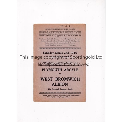 903 - PLYMOUTH ARGYLE V WBA 1946    Programme for the FL South match at Plymouth 2/3/1946, writing at the ... 