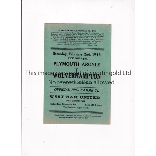 904 - PLYMOUTH ARGYLE V WOLVES 1946    Programme for the FL South match at Plymouth 2/2/1946, very slightl... 