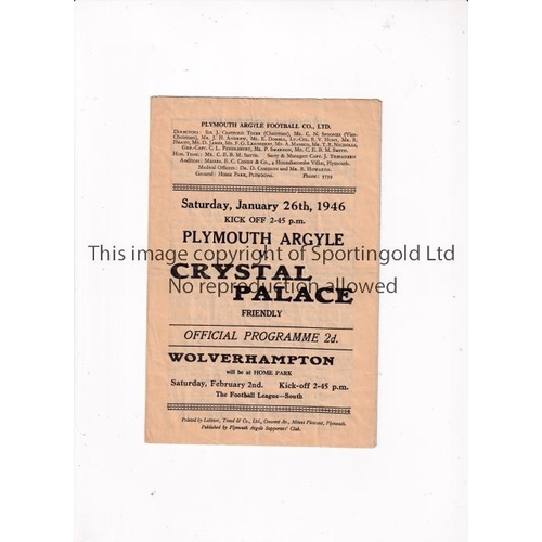 905 - PLYMOUTH ARGYLE V CRYSTAL PALACE 1946    Programme for the Friendly at Plymouth 2/3/1946, slightly c... 