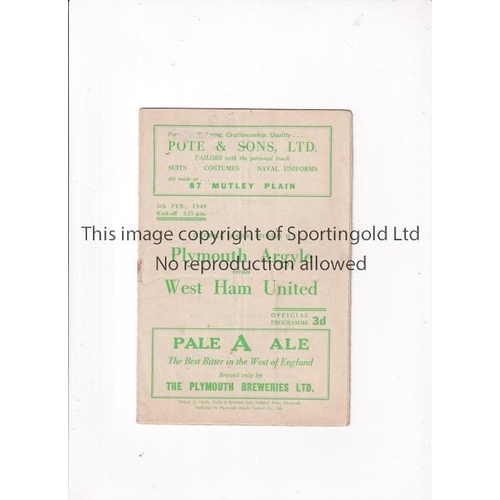 911 - WEST HAM UNITED      Programme for the away League match v Plymouth Argyle 5/2/1949, slightly crease... 