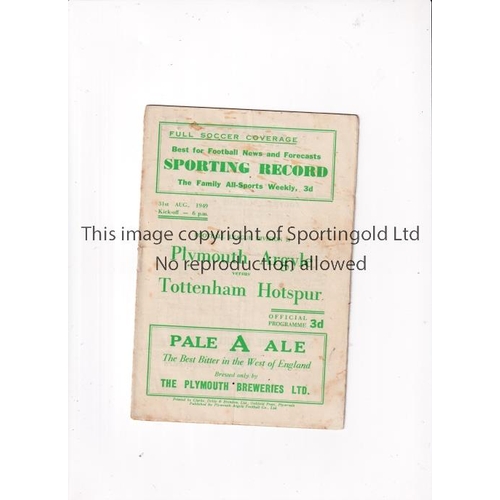 913 - TOTTENHAM HOTSPUR     Programme for the away League match v Plymouth Argyle 31/8/1949, slightly crea... 