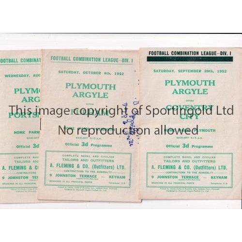 923 - PLYMOUTH ARGYLE       Nine home Reserve Team programmes for season 1952/3 v Coventry, Fulham, writin... 