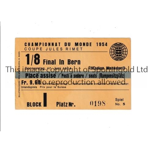 10 - 1954 WORLD CUP   Original ticket for the game in Bern on 17/6/54, West Germany v Turkey, slight stai... 