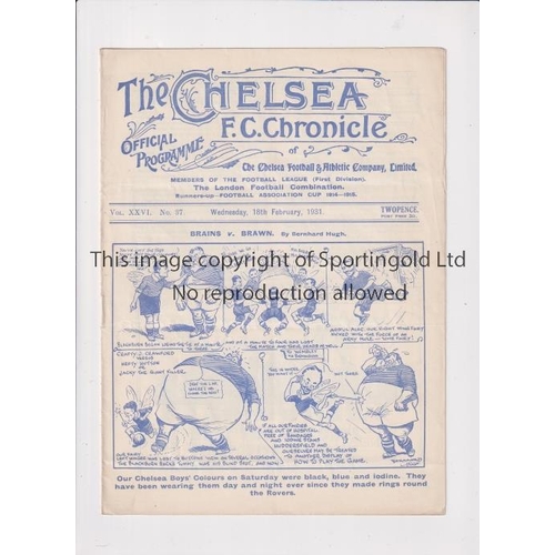 1520 - CHELSEA       Programme for the home League match v Huddersfield Town 18/2/1931. team changes and sc... 