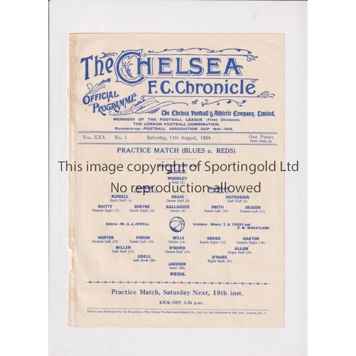 1522 - CHELSEA       Programme for the Practice match 11/8/1934, ex-binder.      Generally good