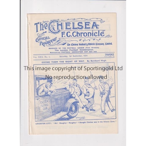 1523 - CHELSEA       Programme for the home League match v Leicester City 1/9/1934, ex-binder.      General... 