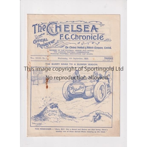 1524 - CHELSEA       Programme for the home League match v Stoke City 4/9/1935, very slightly marked.    Ge... 