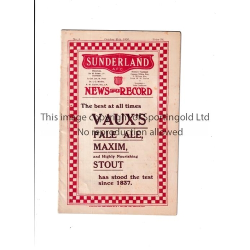 18 - 1930 SUNDERLAND V ASTON VILLA   Programme for the game at Roker Park on 11/10/30, slight fold and sl... 