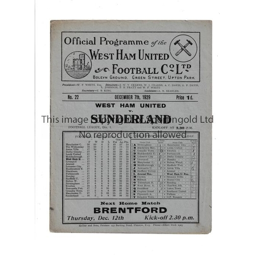 19 - 1929 WEST HAM V SUNDERLAND   Programme for the game at West Ham on 7/12/29, score and team changes o... 