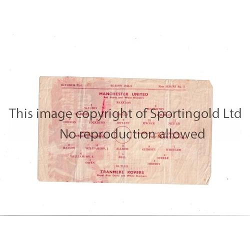 20 - 1944 MANCHESTER UNITED V TRANMERE   Single sheet for the game at Old Trafford on 21/10/44. Fold and ... 