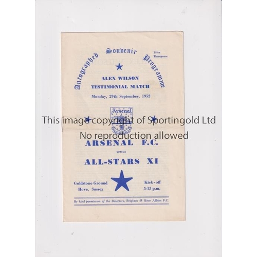 283 - ARSENAL     Programme for the away Alex Wilson Testimonial v All-Stars XI at Brighton 29/9/1952 in A... 