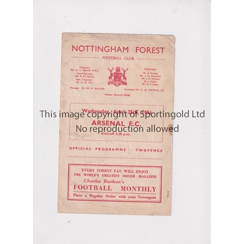 287 - ARSENAL    Programme for the away Friendly v Nottingham Forest 25/4/1956, very slightly marked.    G... 