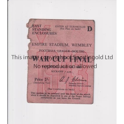 290 - 1943 FL SOUTH WAR CUP FINAL / ARSENAL V CHARLTON ATHLETIC     Ticket , slightly creased and slightly... 