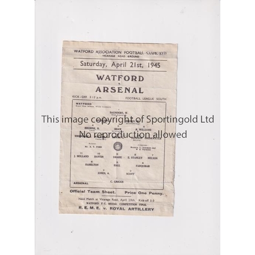 291 - ARSENAL   Single sheet programme for the away FL South match v Watford 21/4/1945, creased and paper ... 