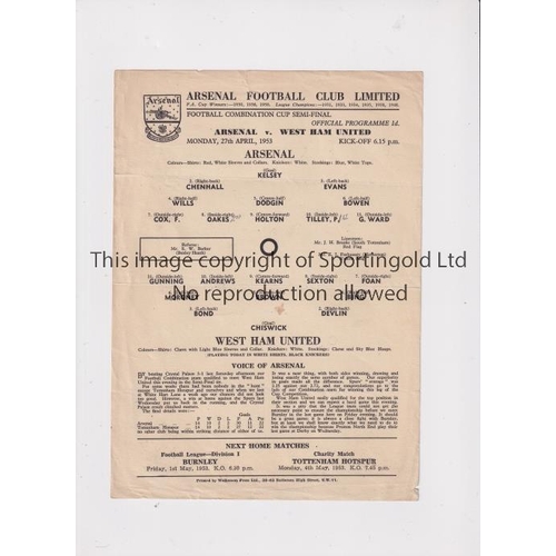 292 - ARSENAL   Single sheet programme for the home Combination Cup Semi-Final v West Ham United 27/4/1953... 