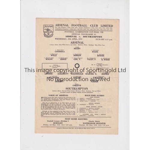 293 - ARSENAL   Single sheet programme for the home Combination Cup Final v Southampton 29/4/1953, slightl... 