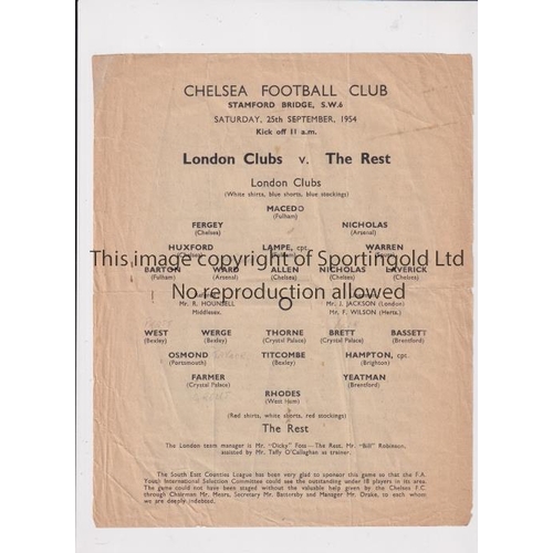 303 - NEUTRAL AT CHELSEA FC      Single sheet programme for London Clubs v The Rest 25/9/1954, horizontal ... 