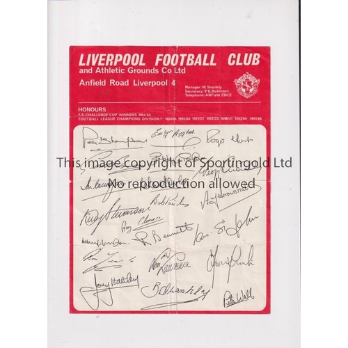 307 - LIVERPOOL      Official autograph sheet for 1968/9 season. Folded.      Fair to generally good