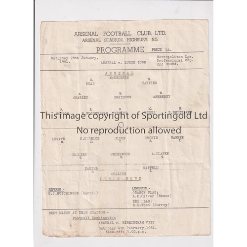 319 - ARSENAL     Single sheet programme for the home Met. League Professional Cup tie v Luton Town 28/1/1... 