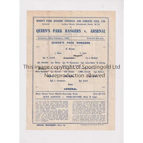 320 - ARSENAL     Single sheet programme for the away London Cup tie v QPR 26/2/1944, slightly creased and... 