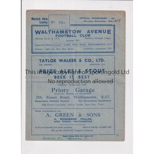 321 - ARSENAL    Programme for the away London Challenge Cup semi-Final v Walthamstow Avenue 16/11/1935, s... 