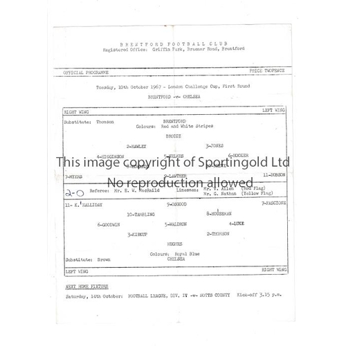 46 - CHELSEA      Single sheet programme for the away London Challenge Cup tie v Brentford 10/10/1967, sl... 