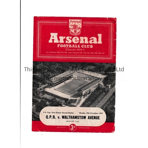 48 - AT ARSENAL / QPR V WALTHAMSTOW AVE. 1954     Programme for the FA Cup tie at Highbury 29/11/1954, ho... 