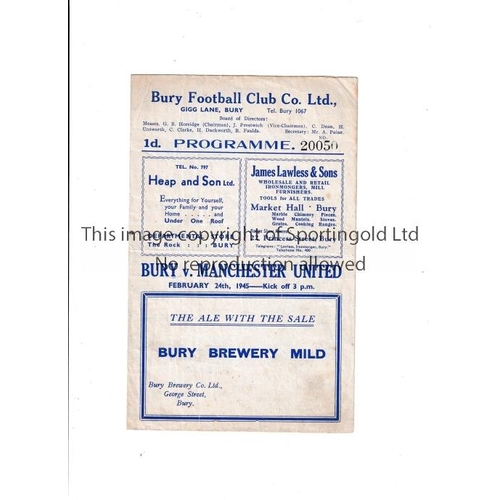 56 - MANCHESTER UNITED      Programme for the away match at Bury 24/2/1945, tiny hole, slightly creased, ... 