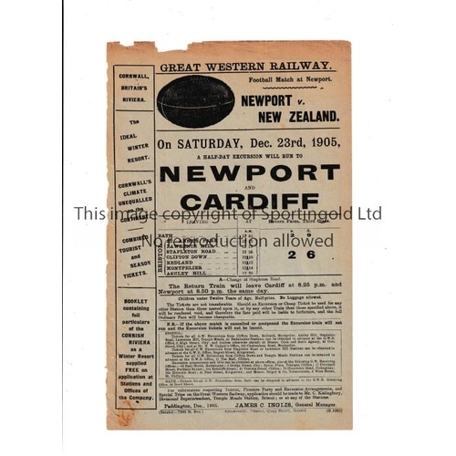 6 - RUGBY UNION 1905 NEWPORT V NEW ZEALAND ALL BLACKS    An original railway handbill for the game at Ne... 