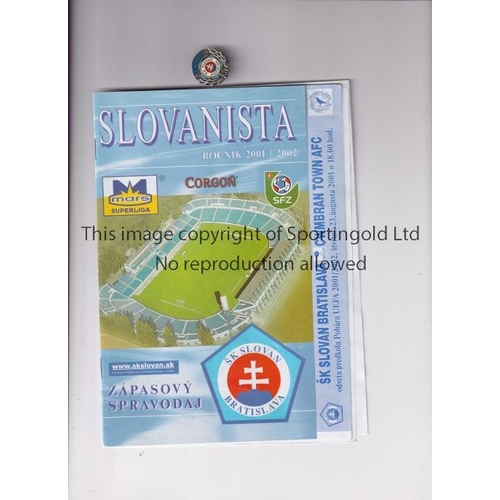 673 - SLOVAN BRATISLAVA V CWMBRAN TOWN 2001      Programme, team sheet and Slovan 80 Years badge for the U... 