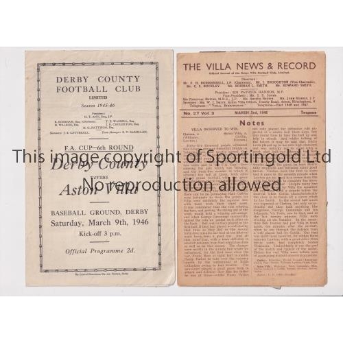 691 - FA CUP 1945/6 / ASTON VILLA V DERBY COUNTY     Programmes for both Legs, 2/3/1946 at Villa, slightly... 