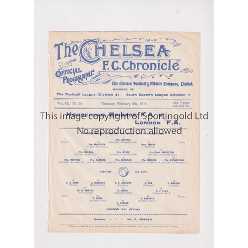 697 - NEUTRAL AT CHELSEA     Single sheet programme for Household Brigade F.A. v London F.A.  5/2/1914, ex... 