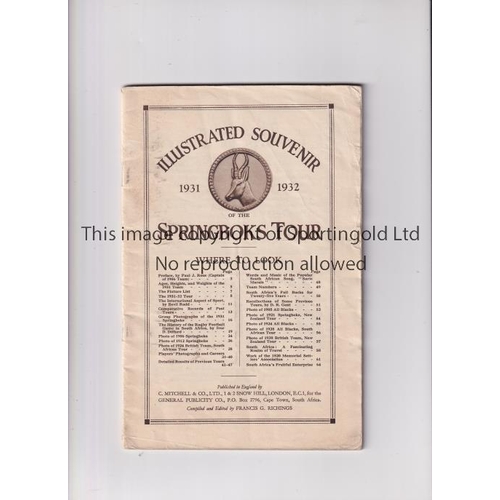 699 - SOUTH AFRICA SPRINGBOKS TOUR OF UK 1931/2      Sixty four page Illustrated Souvenir lacking the oute... 