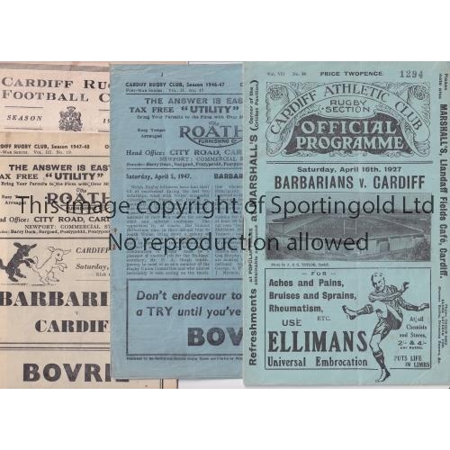 700 - BARBARIANS V CARDIFF / RUGBY     Six programmes for matches in Cardiff 16/4/1927, very slightly crea... 