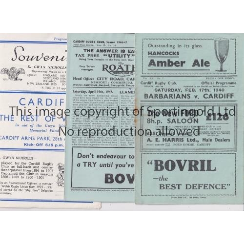 701 - CARDIFF RUGBY    Eight home programmes v Barbarians 17/2/1940, rust mark, Llanelly 19/4/1947, score ... 