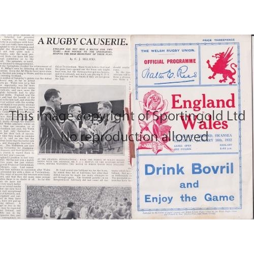 703 - WALES V ENGLAND 1932 / RUGBY UNION       V.I.P. programme with ribbon for the Test Match at Swansea ... 