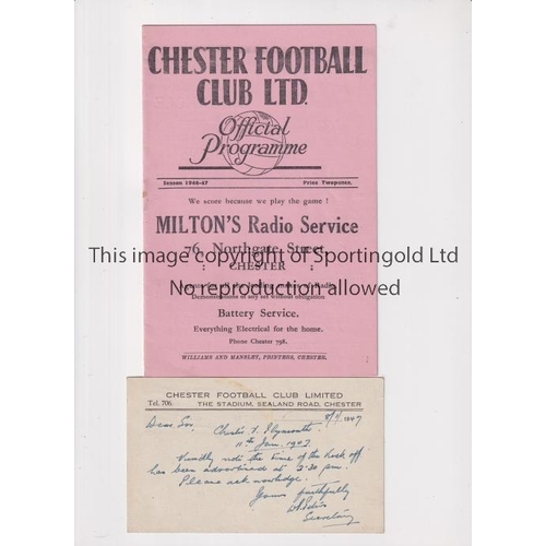 718 - CHESTER V PLYMOUTH ARGYLE     Programme 11/1/1947 and official Chester postcard 8/1/1947 advising th... 