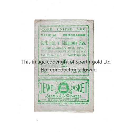 759 - CORK UNITED V SHAMROCK ROVERS 1945     Programme for the match at Cork 21/1/1945, staple removed, sl... 