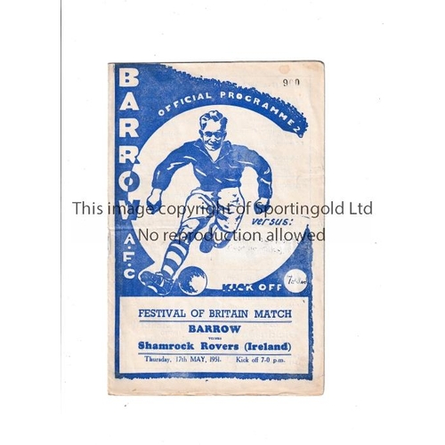 773 - BARROW V SHAMROCK ROVERS / FESTIVAL OF BRITAIN     Programme for the match at Barrow 17/5/1951, slig... 