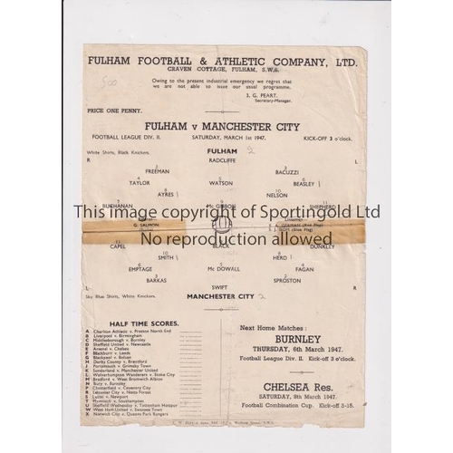 848 - FULHAM V MANCHESTER CITY 1947      Single sheet Fuel Emergency programme for the match at Fulham 1/3... 