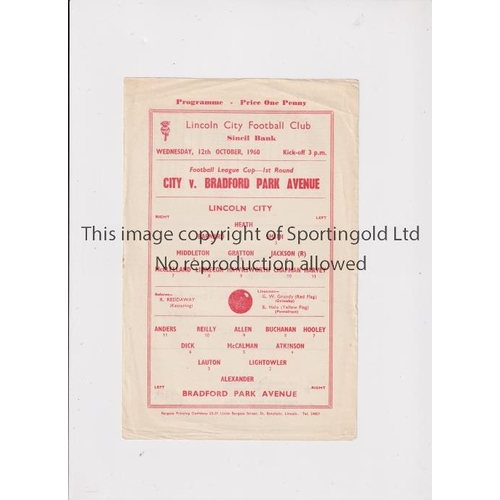 856 - LINCOLN CITY V BRADFORD PARK AVENUE 1960 LEAGUE CUP     Single sheet for the tie at Lincoln 12/10/19... 